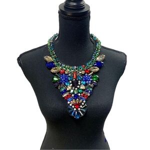 Multicoloured rhinestone gem jewelled bib statement necklace